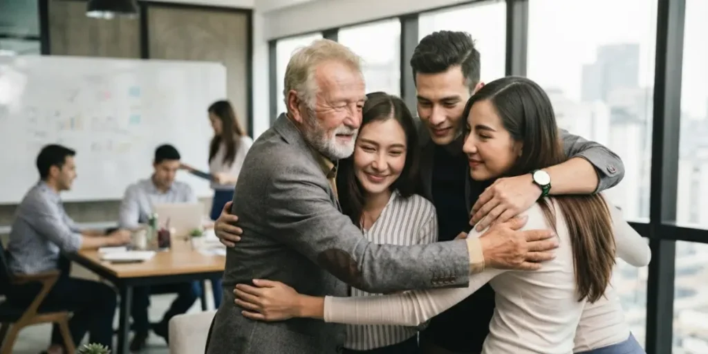 Abrazo que simboliza uno de los 7 valores del trabajo en equipo.