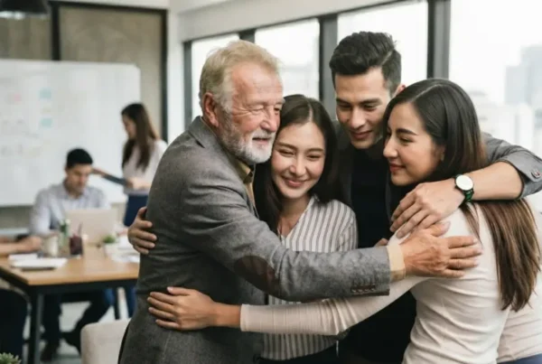 Abrazo que simboliza uno de los 7 valores del trabajo en equipo.