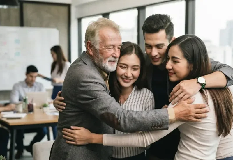 Abrazo que simboliza uno de los 7 valores del trabajo en equipo.