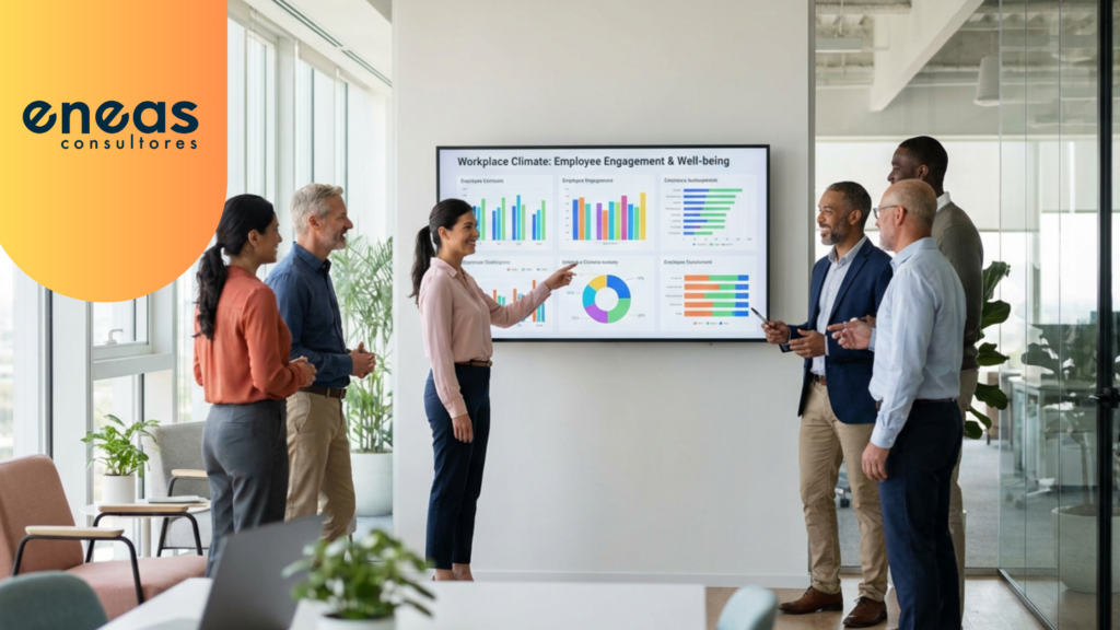 Consultores expertos mostrando cómo evaluar el clima laboral de una empresa.