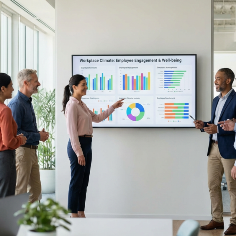 Consultores expertos mostrando cómo evaluar el clima laboral de una empresa.