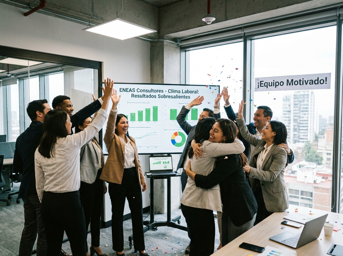 Equipo de trabajo motivado tras una evaluación de clima laboral profesional realizada por la consultora Eneas.